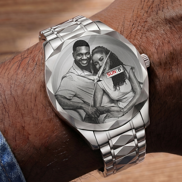 Custom Photo Husband Wife Couple Anniversary Gift - Personalized Men's Wrist Watch