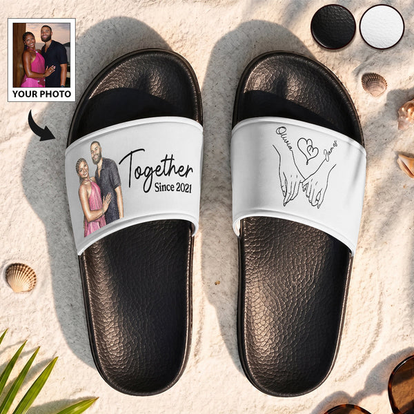 Custom Photo Colored Pencil Sketch Portrait Together Since Forever - Personalized Slide Sandals