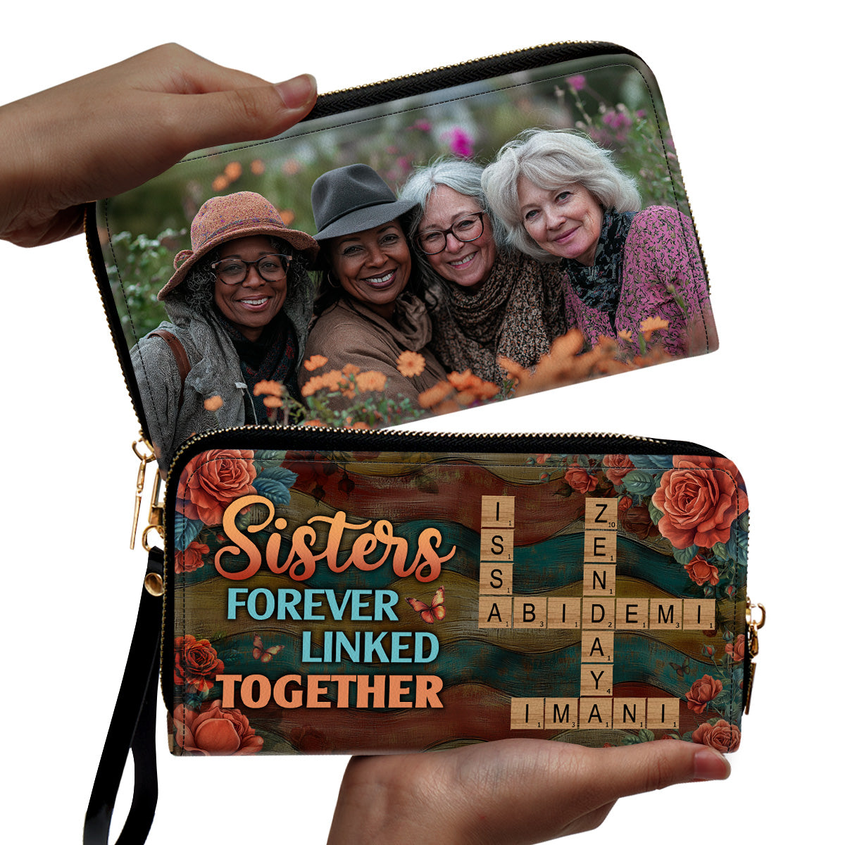 Sisters Forever Linked Together - Personalized Leather Clutch Purse