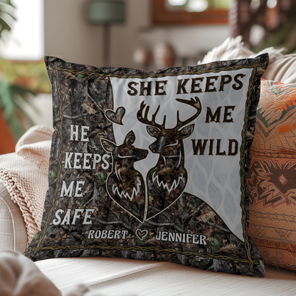 She Keeps Me Wild He Keeps Me Safe - Personalized Pillow