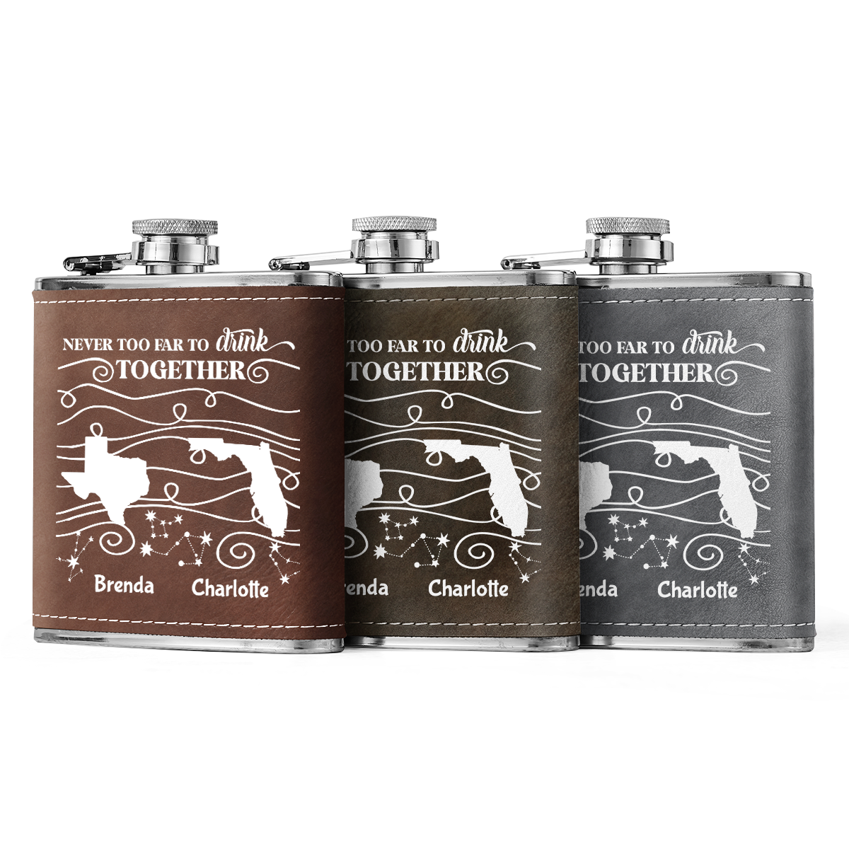 Never Too Far To Drink Together - Personalized Leather Flask SBLFLALM2510L