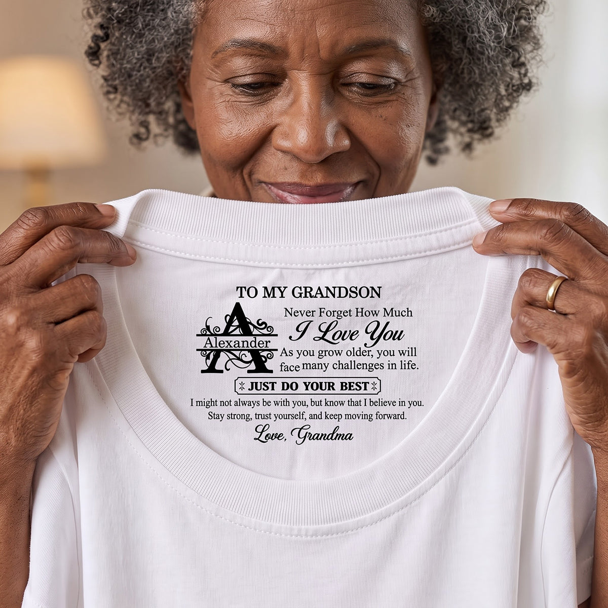 To My Grandson Never Forget How Much I Love You - Personalized Shirt With Design Inner Neck