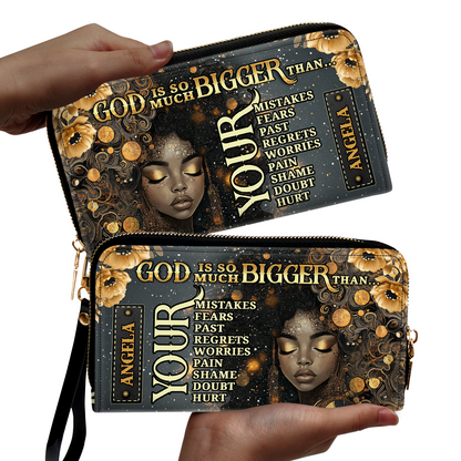 God Is So Much Bigger Than - Personalized Leather Clutch Purse