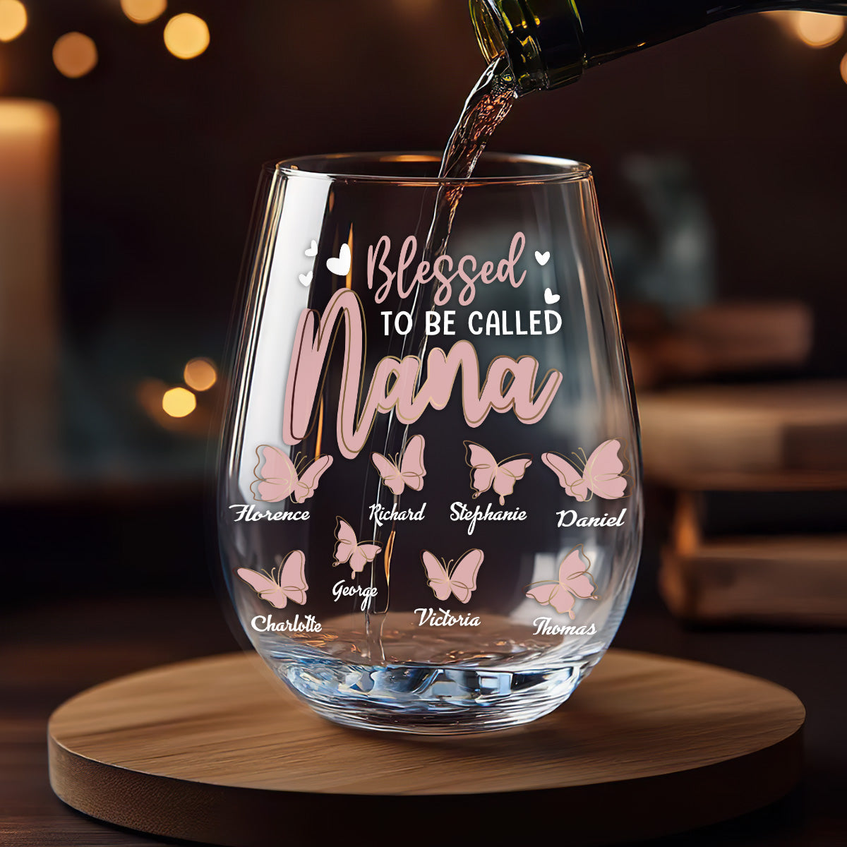 Blessed To Be Called Nana Butterfly - Personalized Stemless Wine Glass