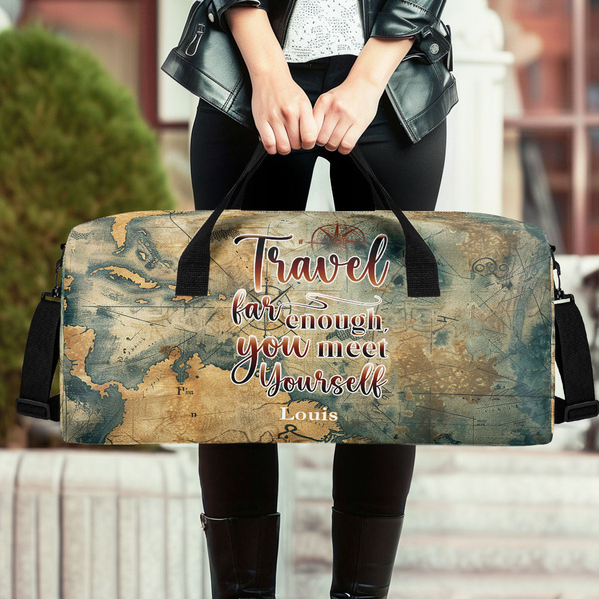 Travel Far Enough You Met Yourself - Personalized Minimalist Duffle Bag SBMDBHA35