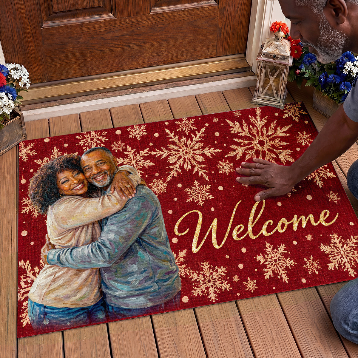 Custom Photo Oil Painting Portrait Snowflake Christmas - Personalized Doormat