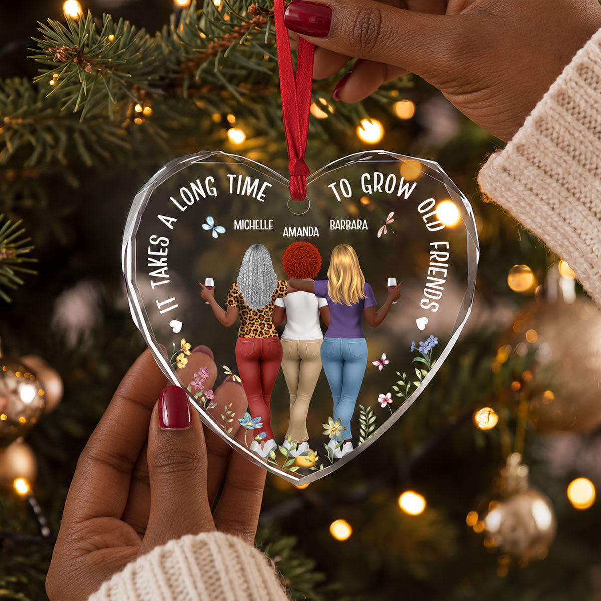 It Takes A Long Time To Grow Old Friends - Personalized Heart Shaped Glass Ornament