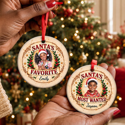 Custom Name Santa Portrait Christmas Keepsake - Personalized Round Shaped Ceramic Ornament