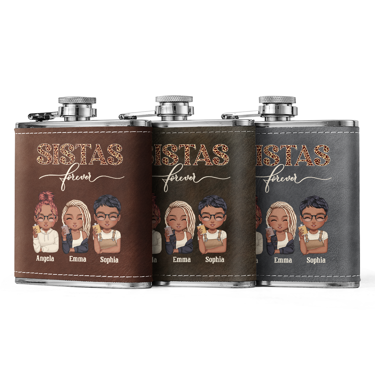 Sistas Forever - Personalized Leather Flask SBLFLALM2742L