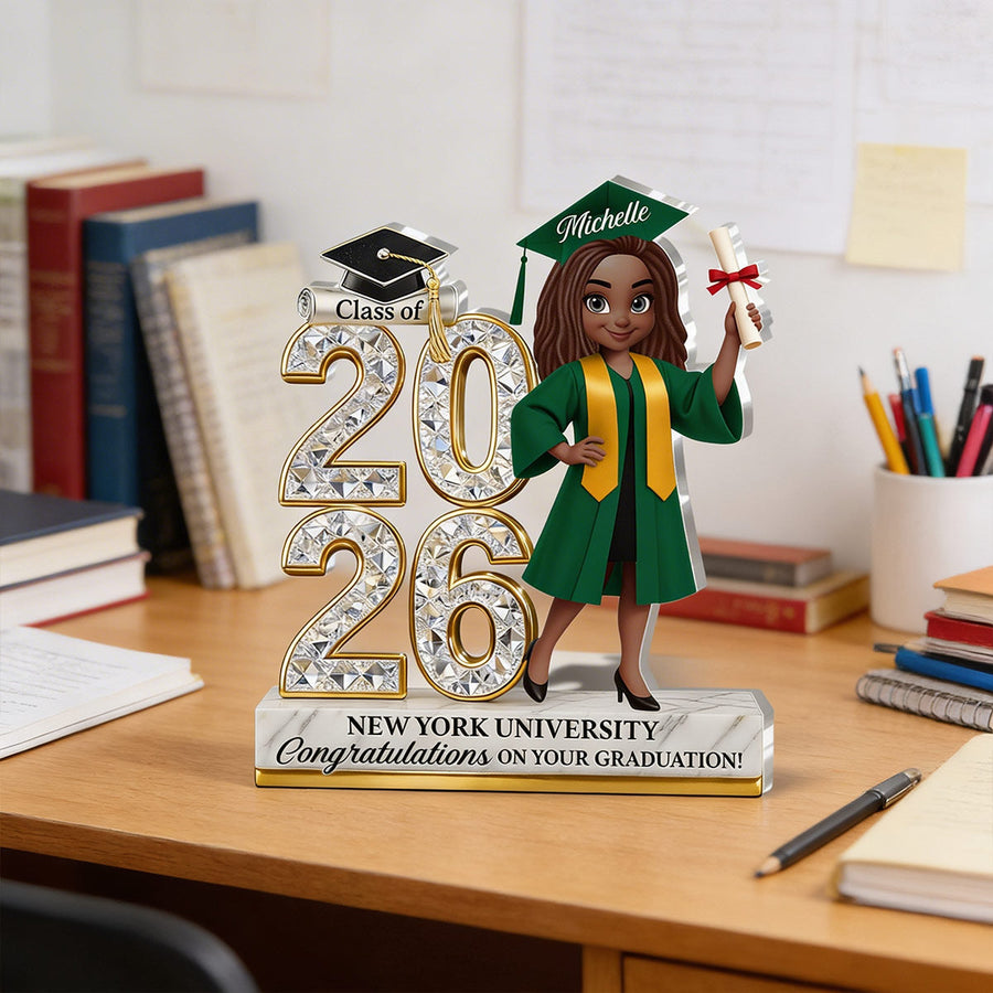 Hands holding the personalized plaque in front of a bookshelf