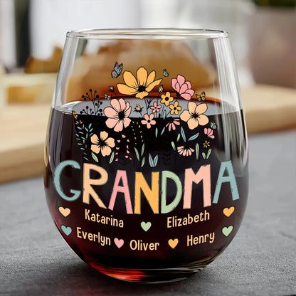 Grandma Flower - Personalized Stemless Wine Glass