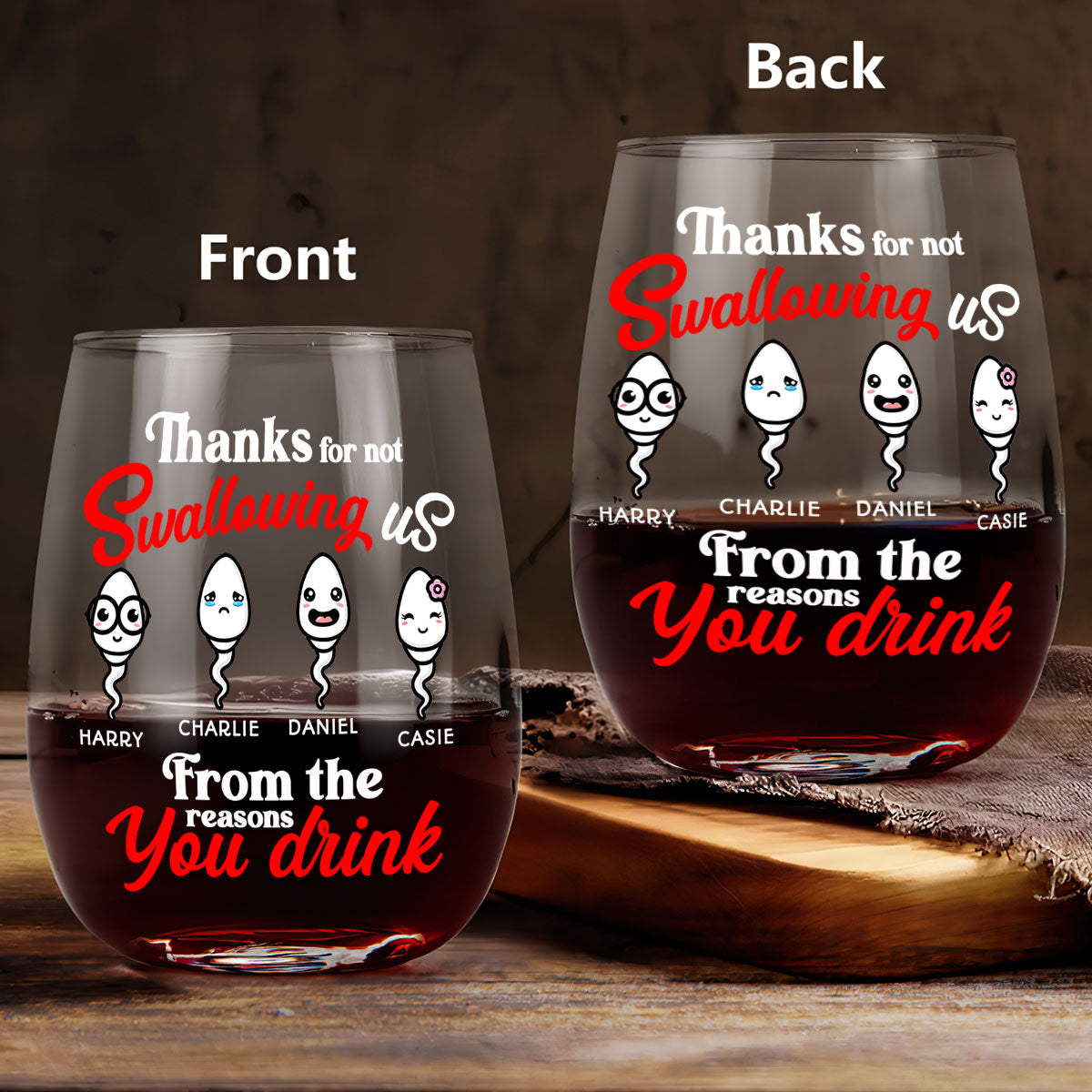 Thanks For Not Swallowing Us - Personalized Stemless Wine Glass