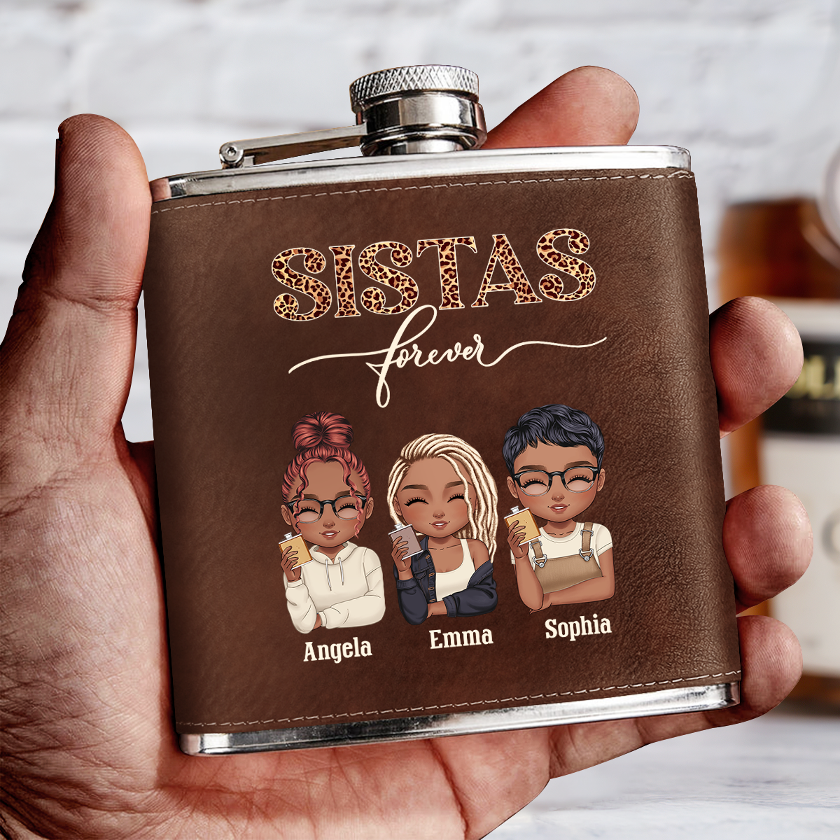 Sistas Forever - Personalized Leather Flask SBLFLALM2742L