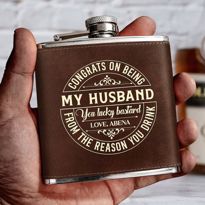 Congrats On Being My Husband - Personalized Leather Flask SBLFLALM2112TA