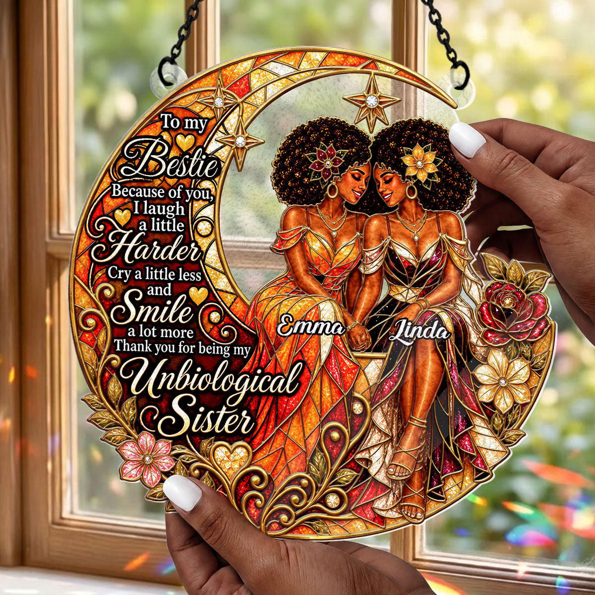 Thank You For Being My Unbiological Sister - Personalized 3D Custom Shape Stained Glass Suncatcher