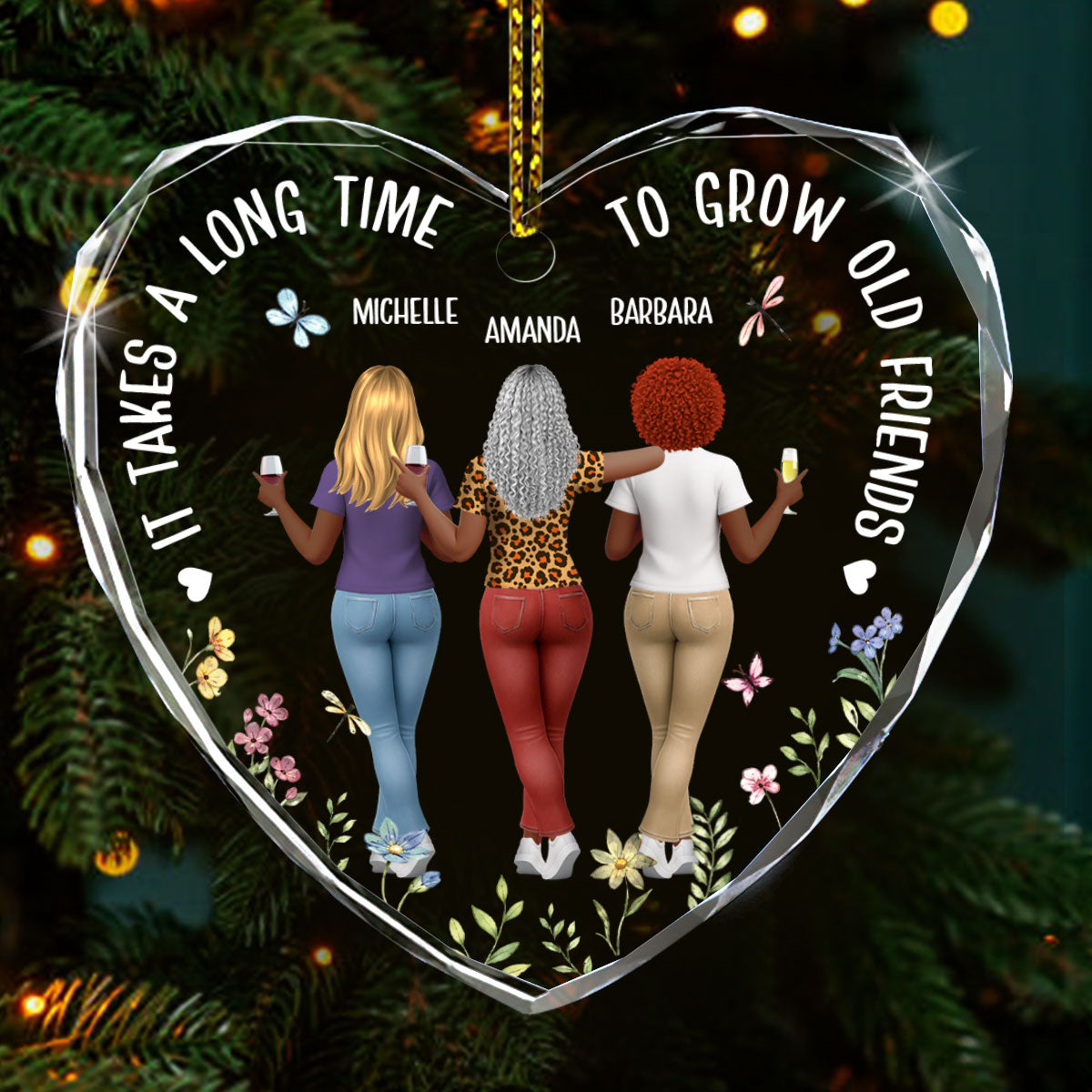 It Takes A Long Time To Grow Old Friends - Personalized Heart Shaped Glass Ornament