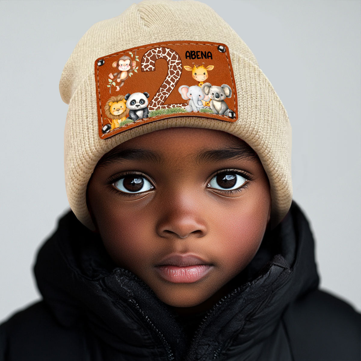 Cute Jungle Animal Age - Personalized Leather Knitted Beanie SBLKBLM2211TA