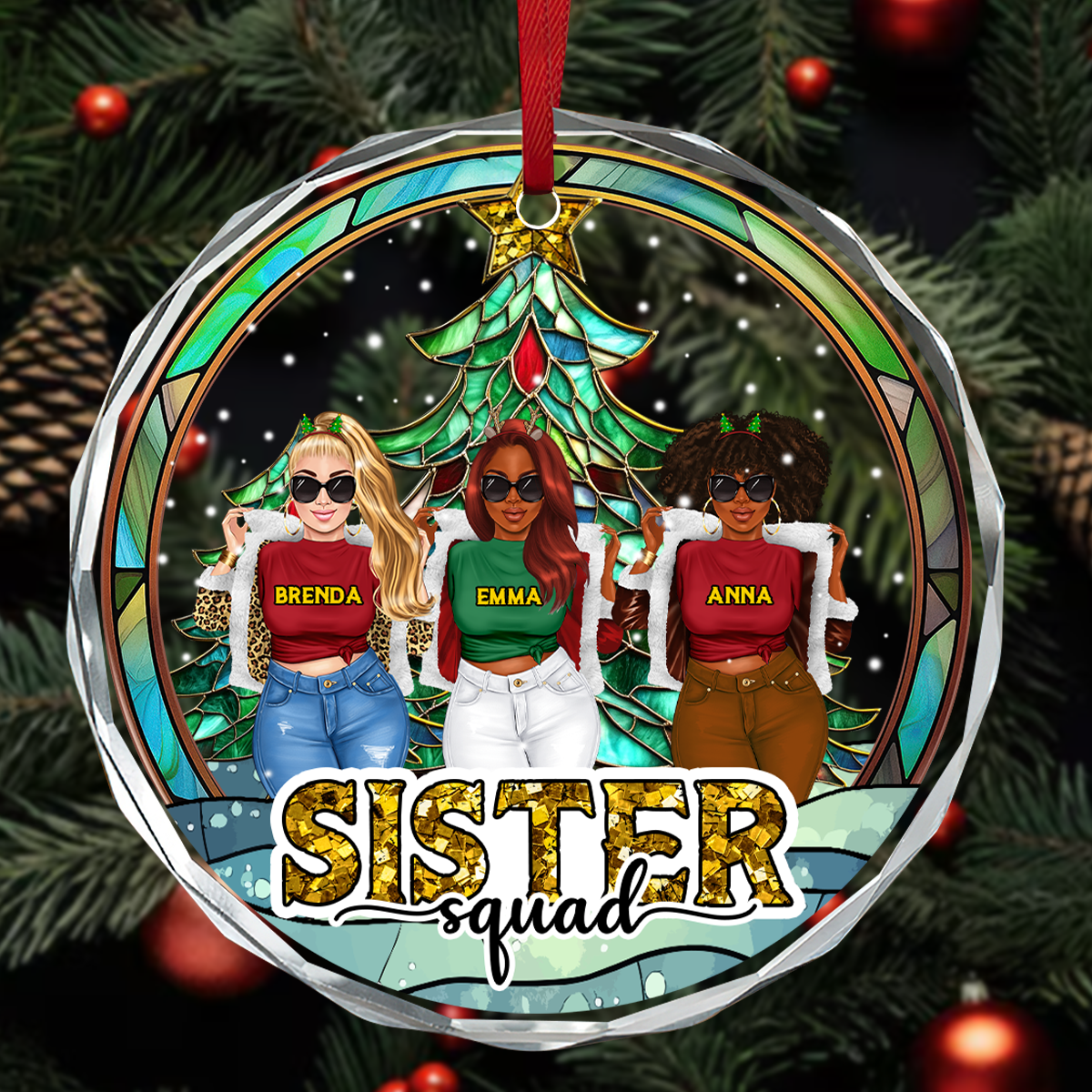 Sister Squad - Personalized Round Glass Ornament