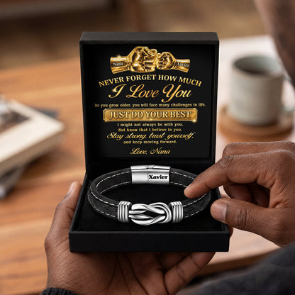 Never Forget How Much I Love You Golden Fist Bump - Personalized Braided Leather Infinity Bracelet