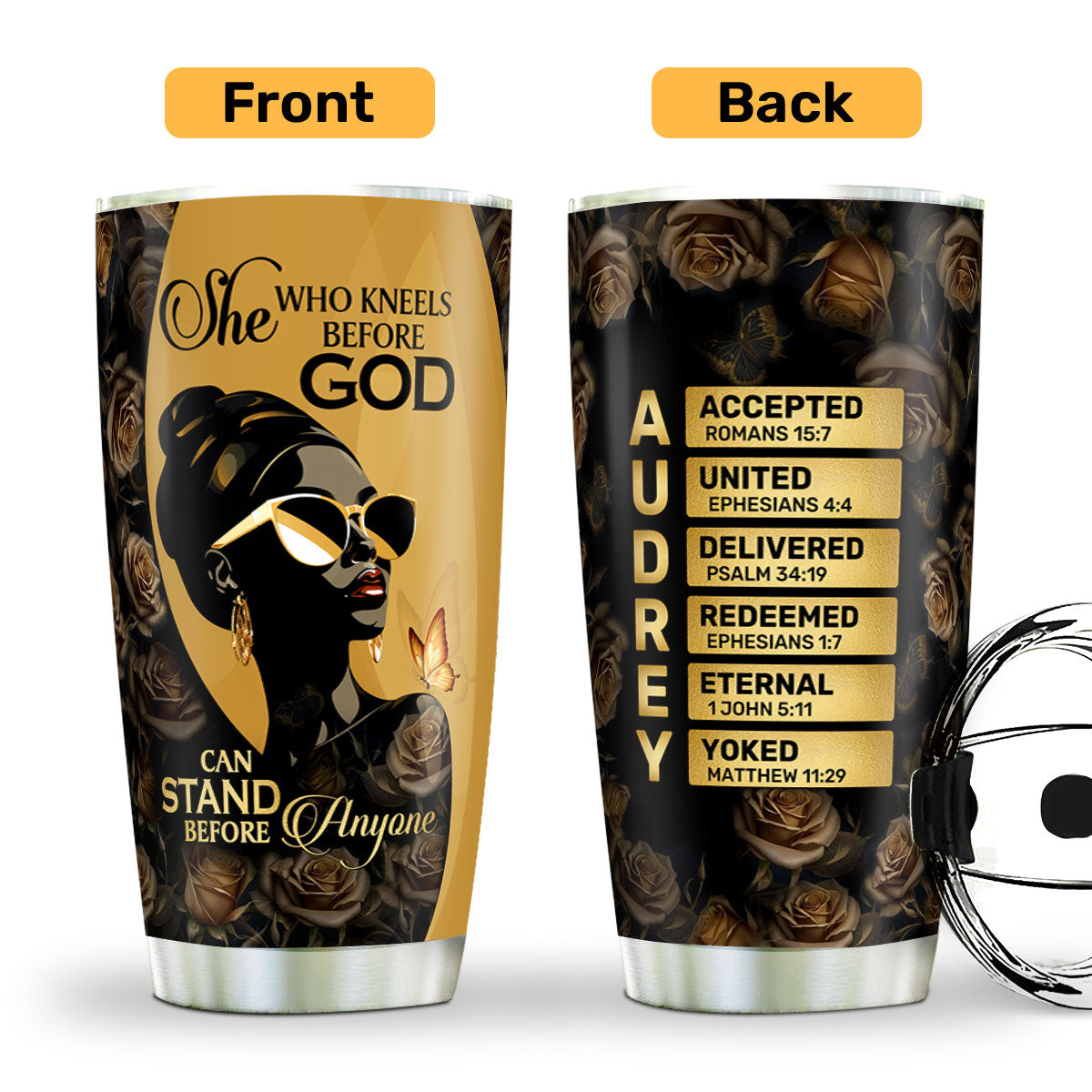 She Who Kneels Before God Can Stand Before Anyone - Personalized Stainless Steel Tumbler