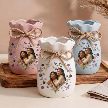 Custom Photo Portrait Mom Grandma Parents Family Ceramic - Personalized Flower Vase With Ribbon