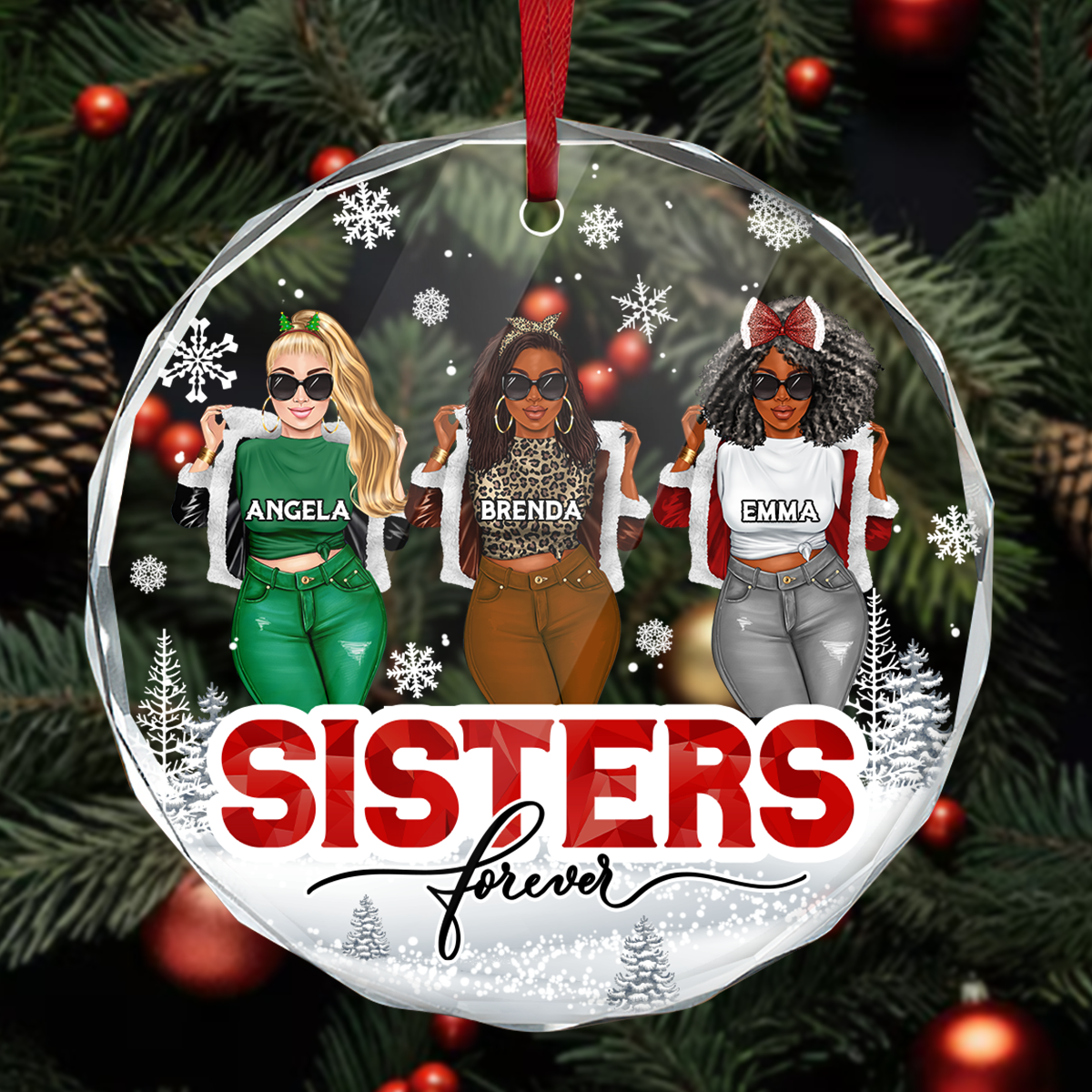 Sisters Forever - Personalized Round Glass Ornament