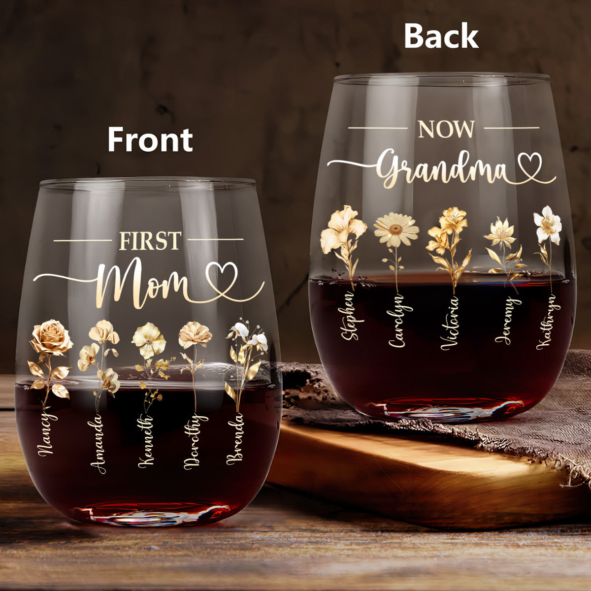 First Mom Now Grandma - Personalized Stemless Wine Glass