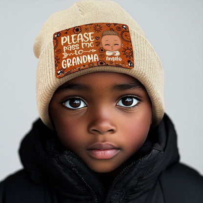 Please Pass Me To My Grandma - Personalized Leather Knitted Beanie SBLKBLM2173M