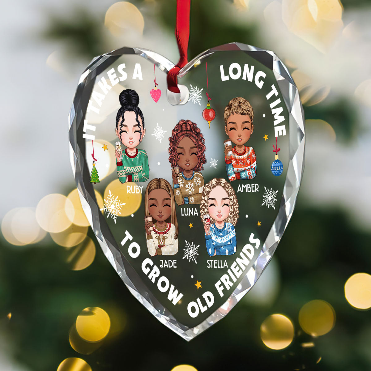 It Takes A Long Time To Grow Old Friends - Personalized Heart Shaped Glass Ornament