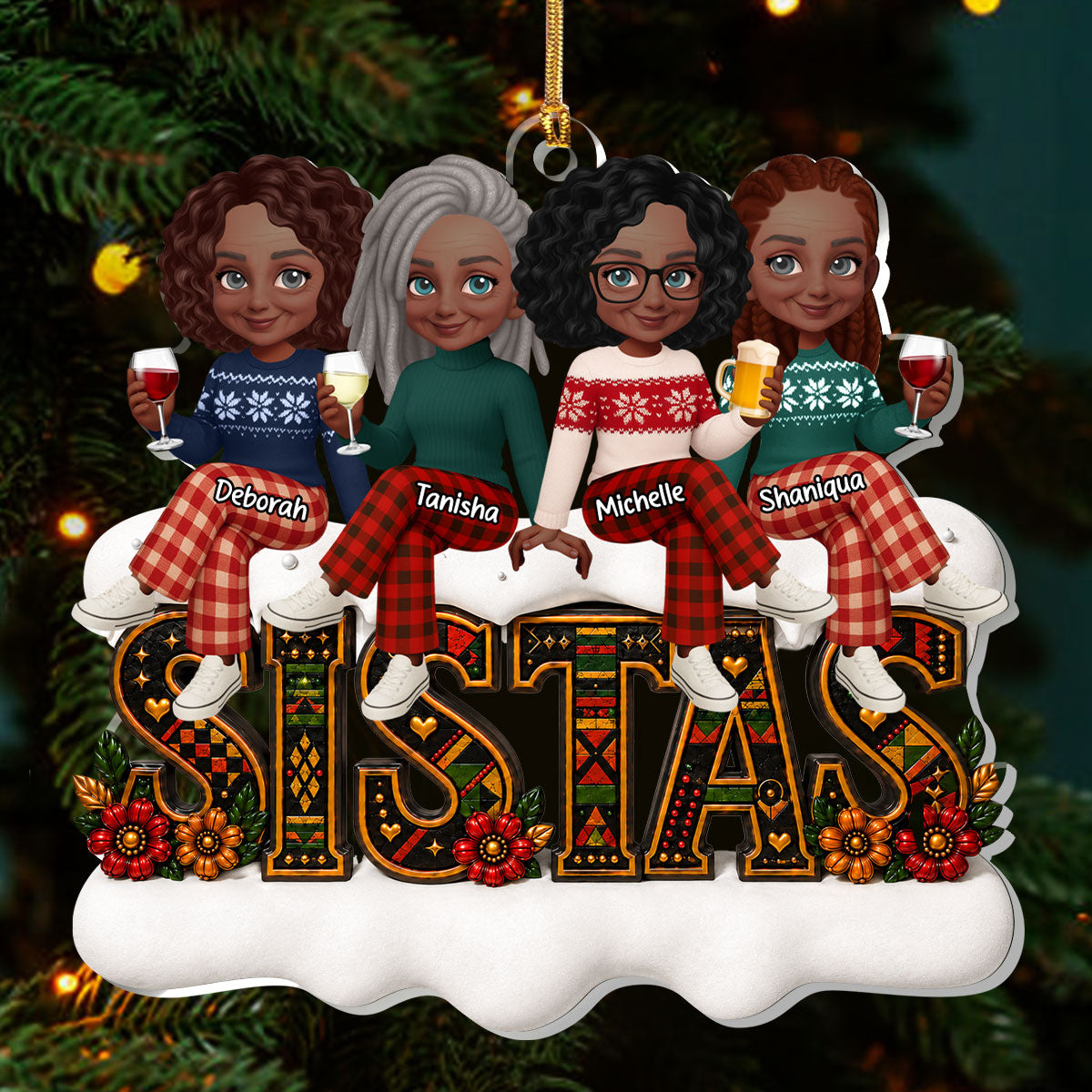 Custom Tribal Patterned Tribal Patterned Besties Sisters Sistas Forever - Personalized 1-Layer Acrylic Ornament