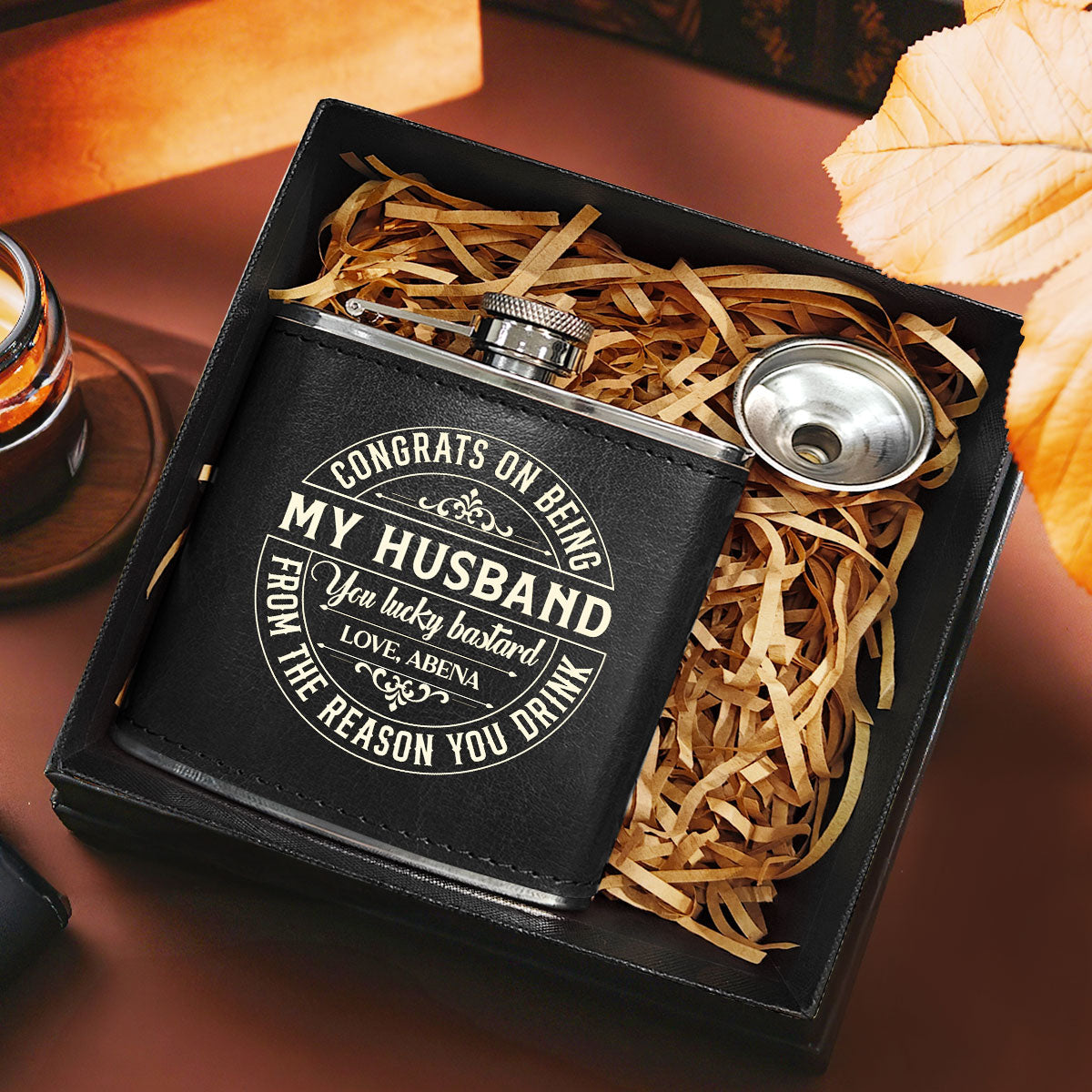 Congrats On Being My Husband - Personalized Leather Flask SBLFLALM2112TA