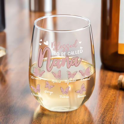 Blessed To Be Called Nana Butterfly - Personalized Stemless Wine Glass