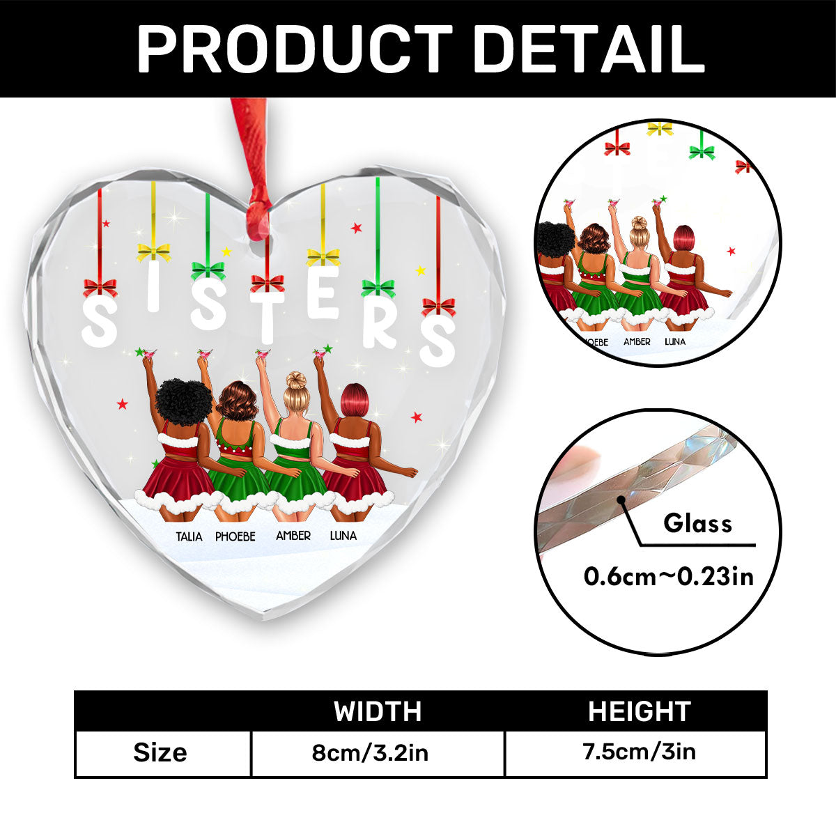 Sisters - Personalized Heart Shaped Glass Ornament