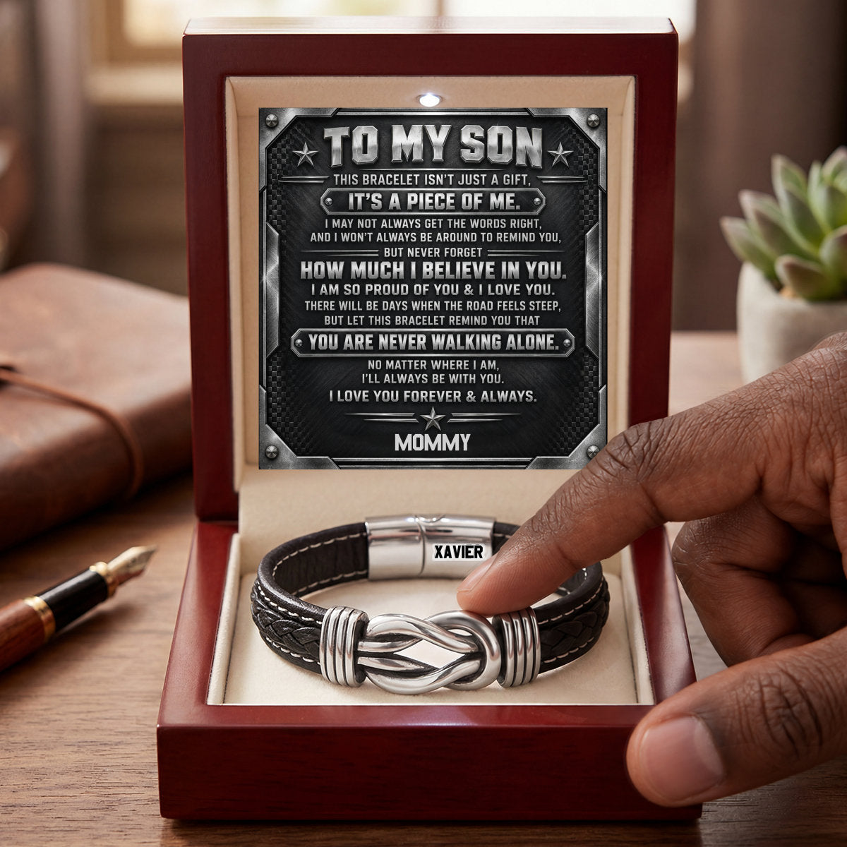 You Are Never Walking Alone Gift For Son Grandson - Personalized Braided Leather Infinity Bracelet