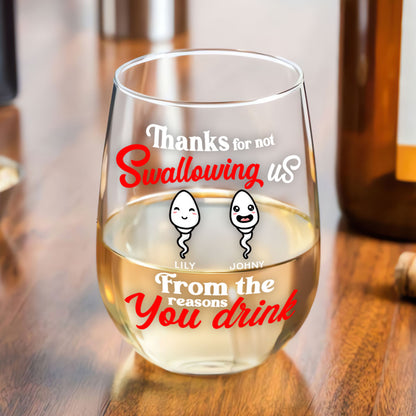 Thanks For Not Swallowing Us - Personalized Stemless Wine Glass