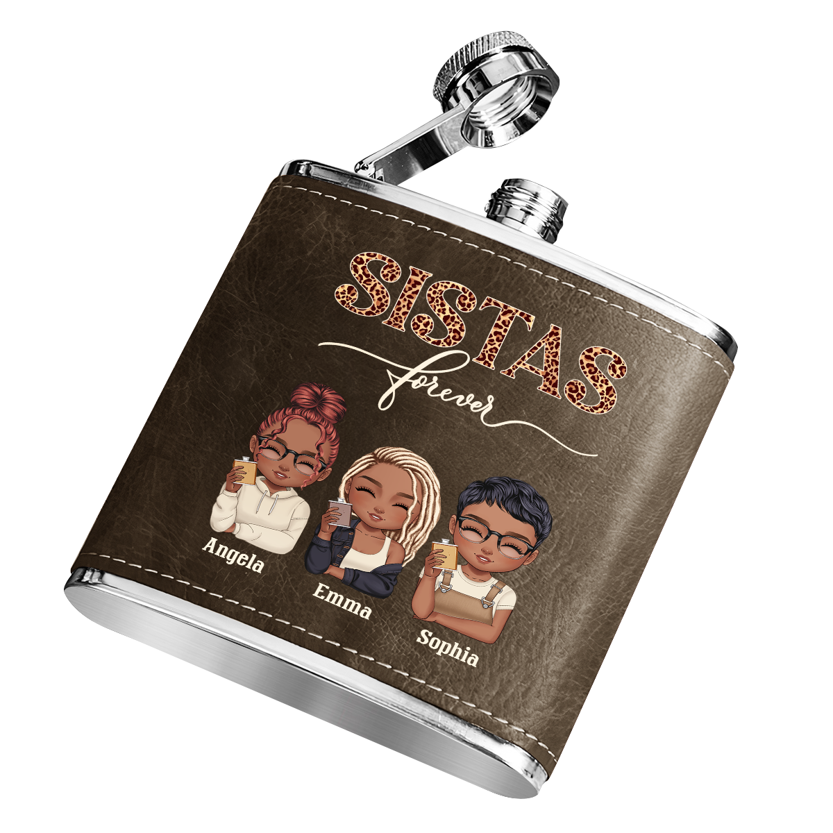 Sistas Forever - Personalized Leather Flask SBLFLALM2742L