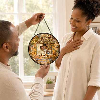 Growing Old Together Forever - Personalized Stained Glass Window Hanging Suncatcher