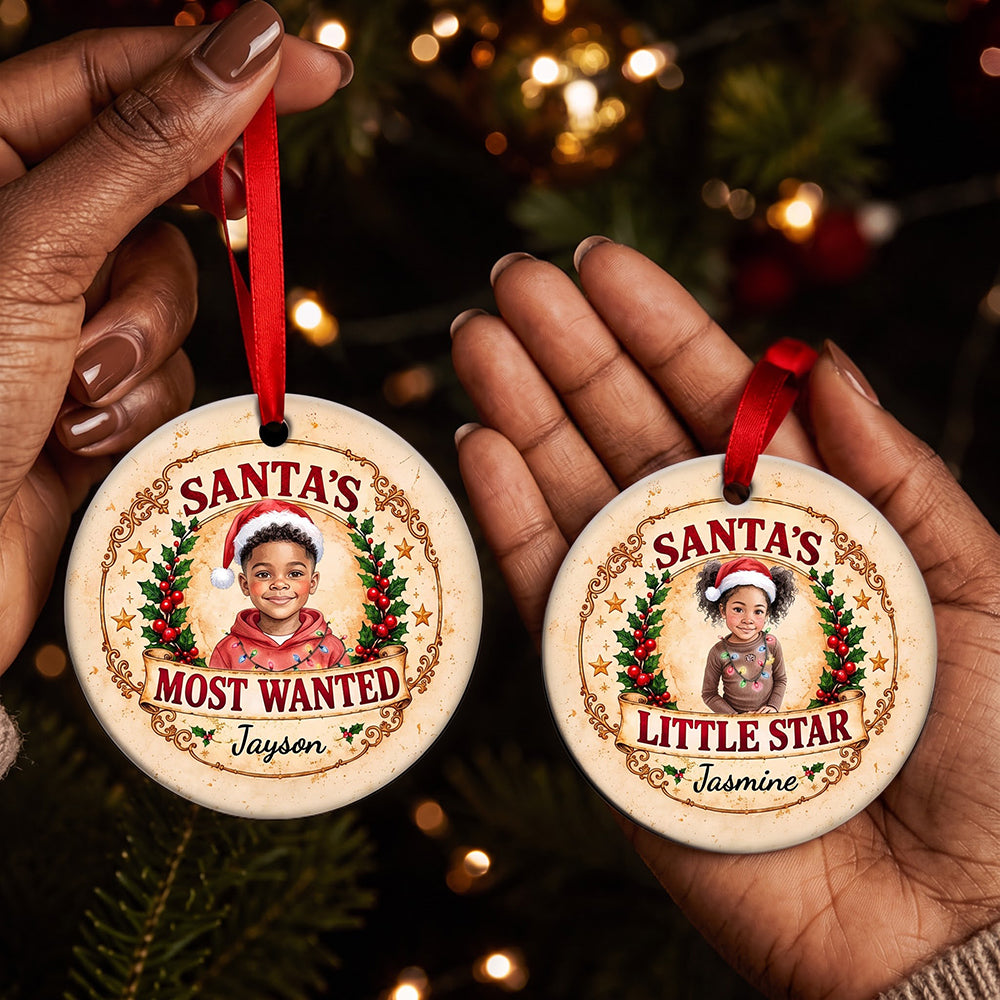 Custom Name Santa Portrait Christmas Keepsake - Personalized Round Shaped Ceramic Ornament