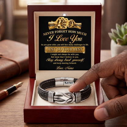 Never Forget How Much I Love You Golden Fist Bump - Personalized Braided Leather Infinity Bracelet