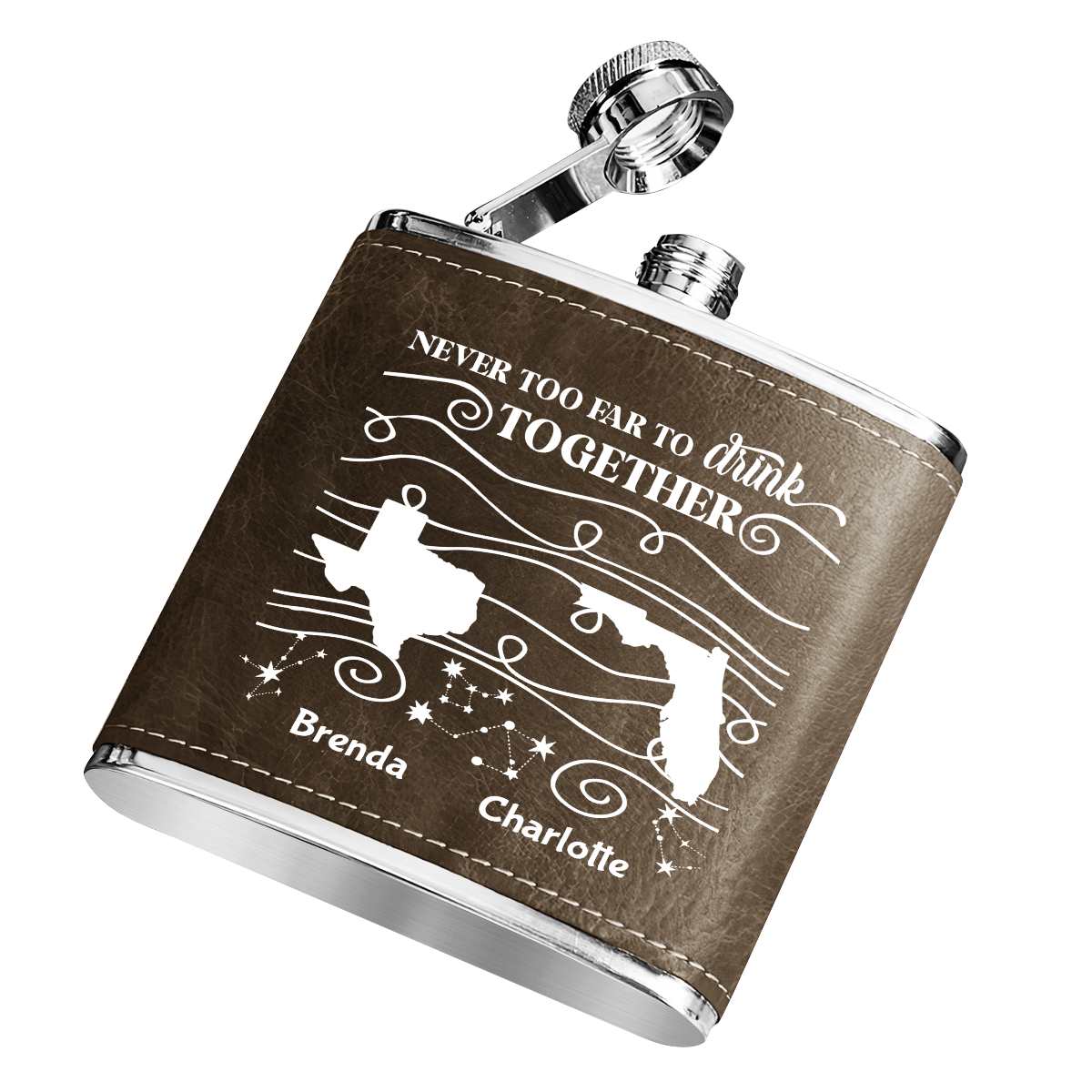 Never Too Far To Drink Together - Personalized Leather Flask SBLFLALM2510L