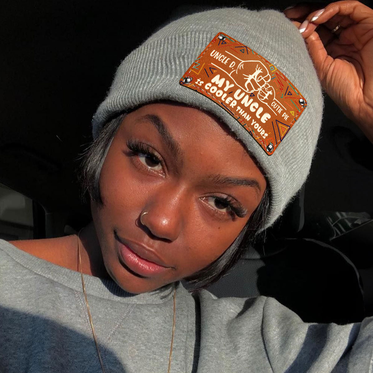 My Uncle Is Cooler Than Yours - Personalized Leather Knitted Beanie SBLKBLM2167M