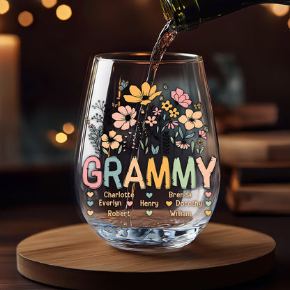 Grandma Flower - Personalized Stemless Wine Glass