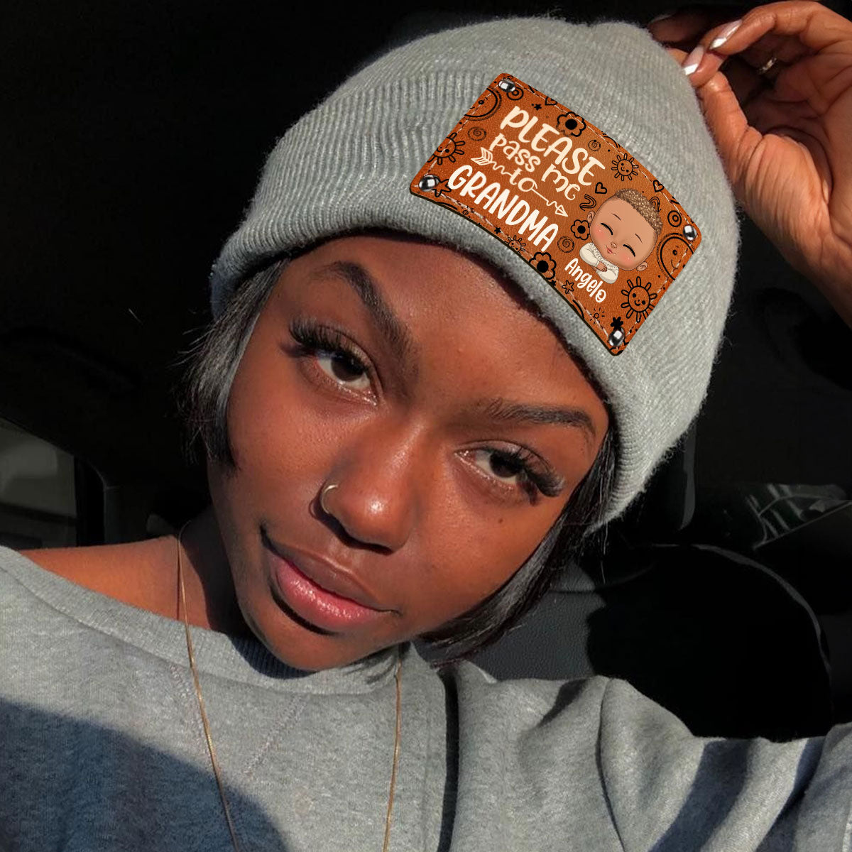 Please Pass Me To My Grandma - Personalized Leather Knitted Beanie SBLKBLM2173M