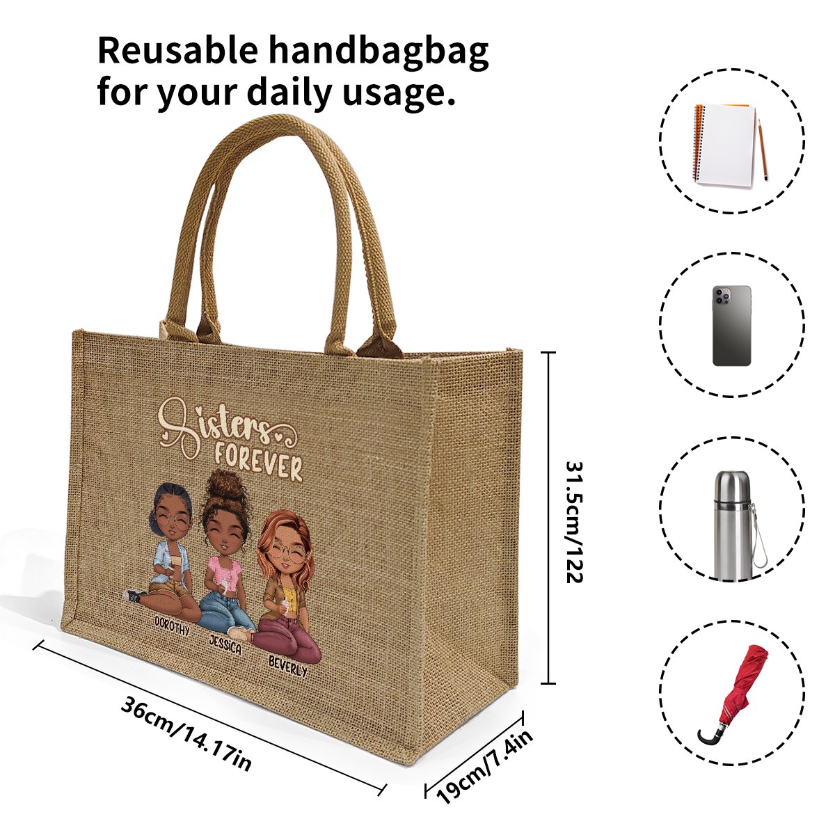 Sisters Forever - Personalized Jute Tote Bag