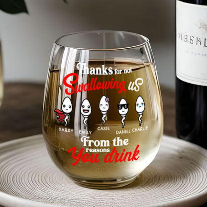 Thanks For Not Swallowing Us - Personalized Stemless Wine Glass