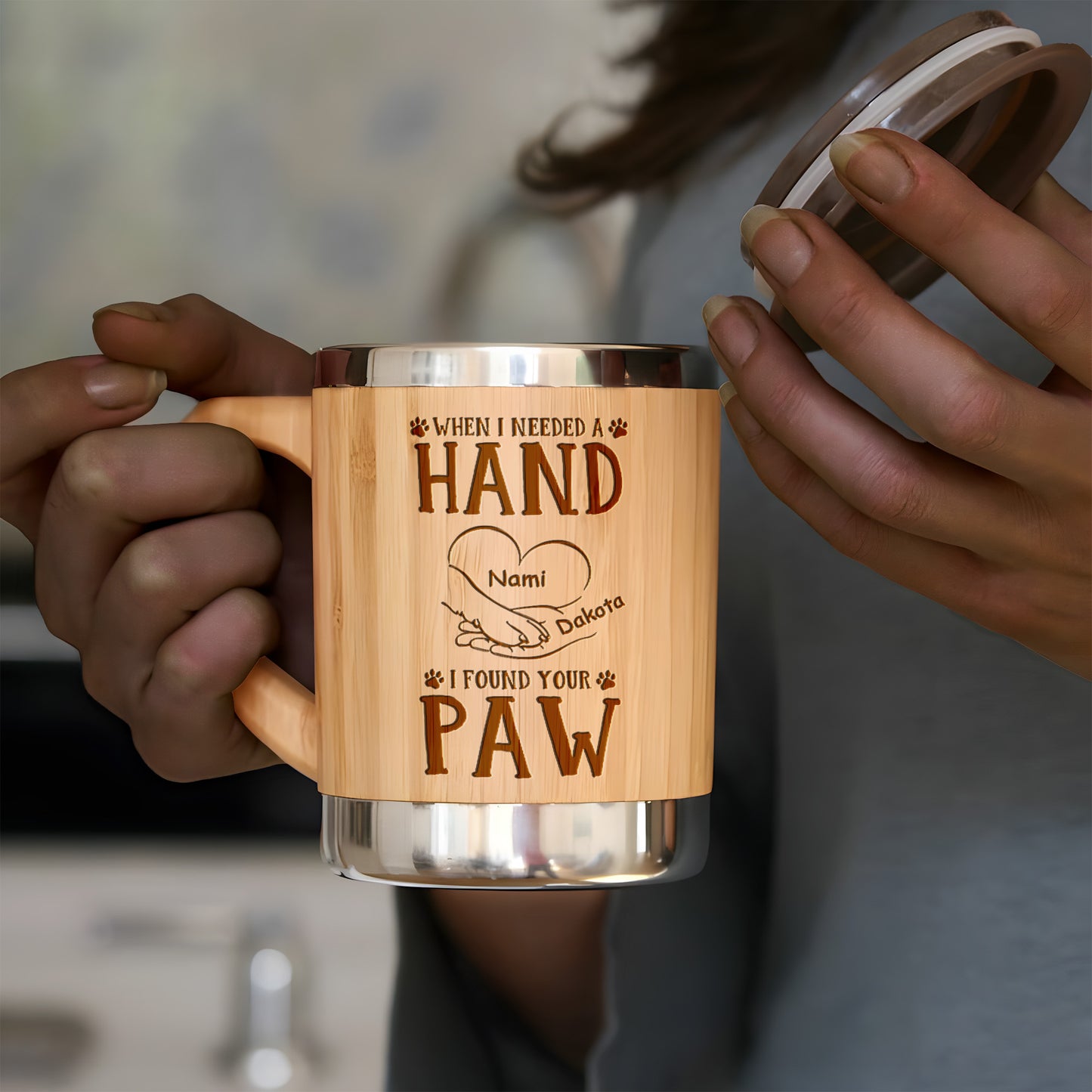 When I Needed A Hand I Found Your Paw - Personalized Stainless Bamboo Mug