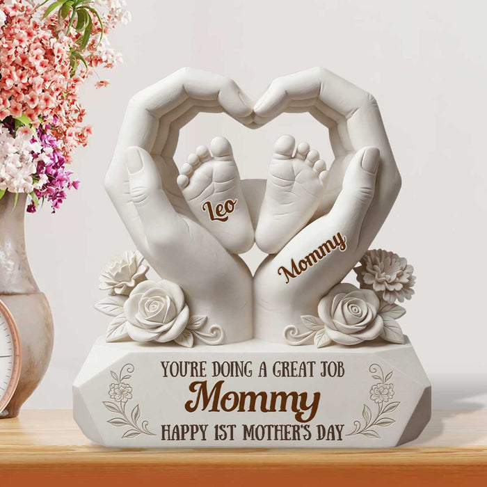 Woman smiling while holding her personalized plaque