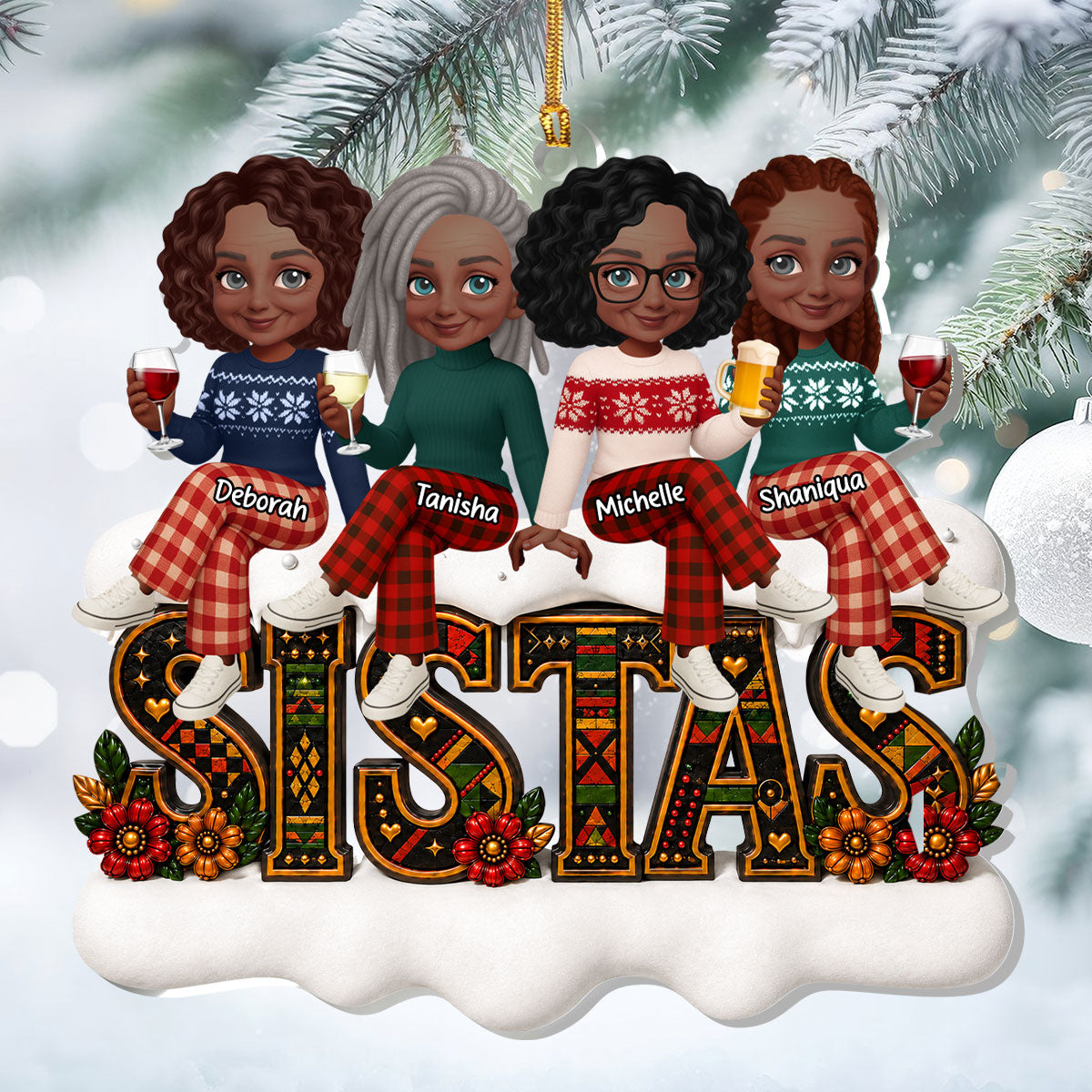 Custom Tribal Patterned Tribal Patterned Besties Sisters Sistas Forever - Personalized 1-Layer Acrylic Ornament
