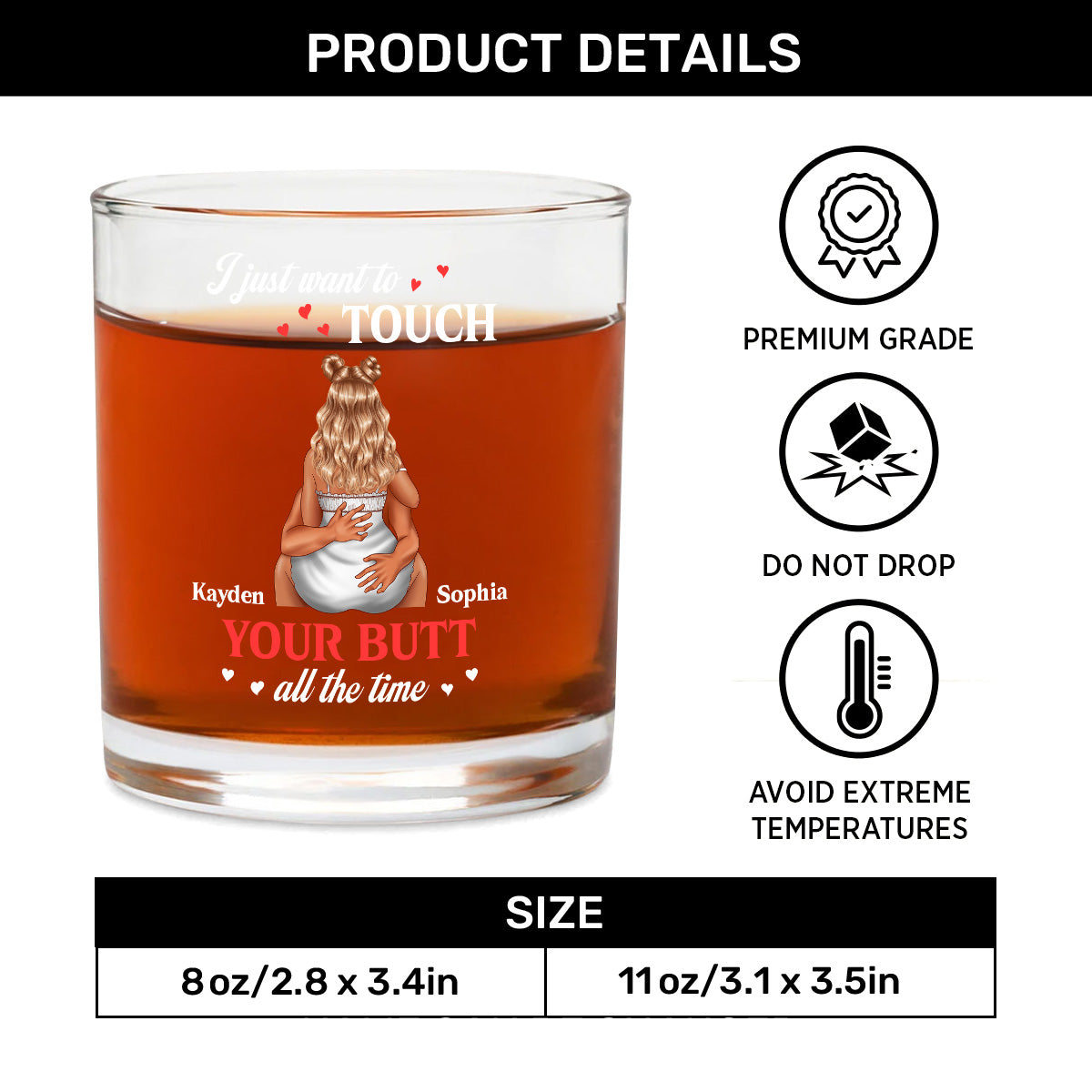 I Just Want Touch Your Butt All The Time - Personalized Round Whiskey Glass