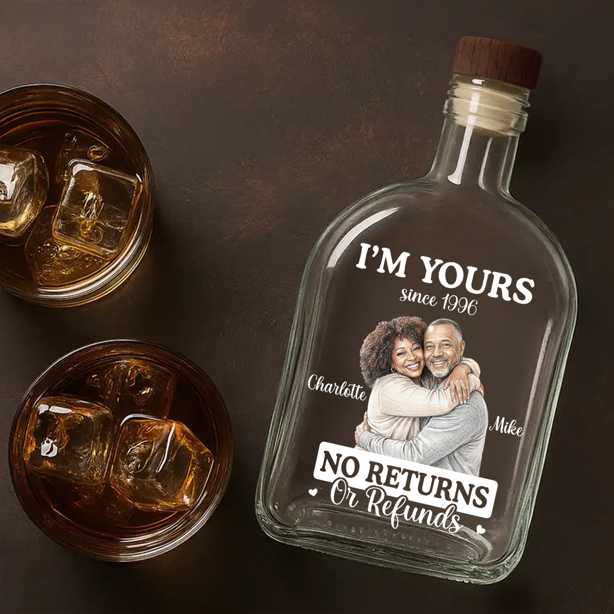 Custom Photo Colored Pencil Sketch I'm Yours Forever - Personalized Whiskey Bottle